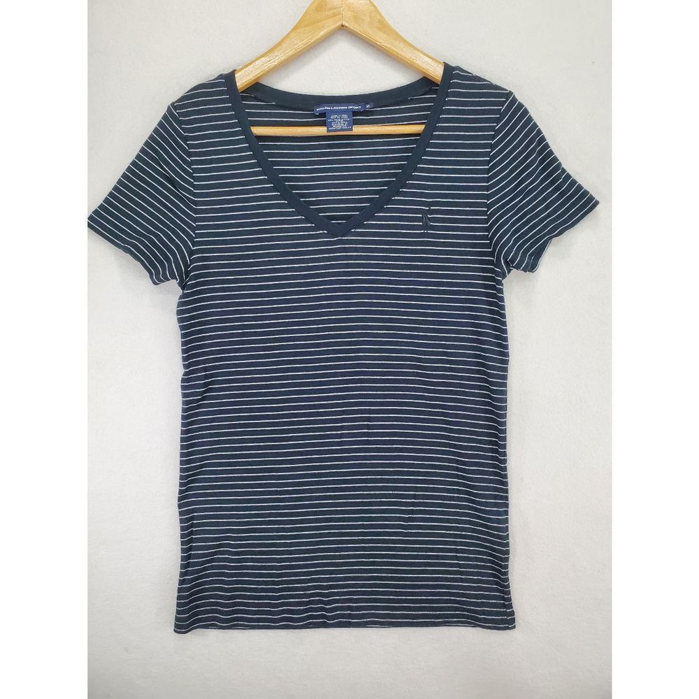 Ralph Lauren Sport V Neck Women's T-Shirt Black White Stripe Size XL